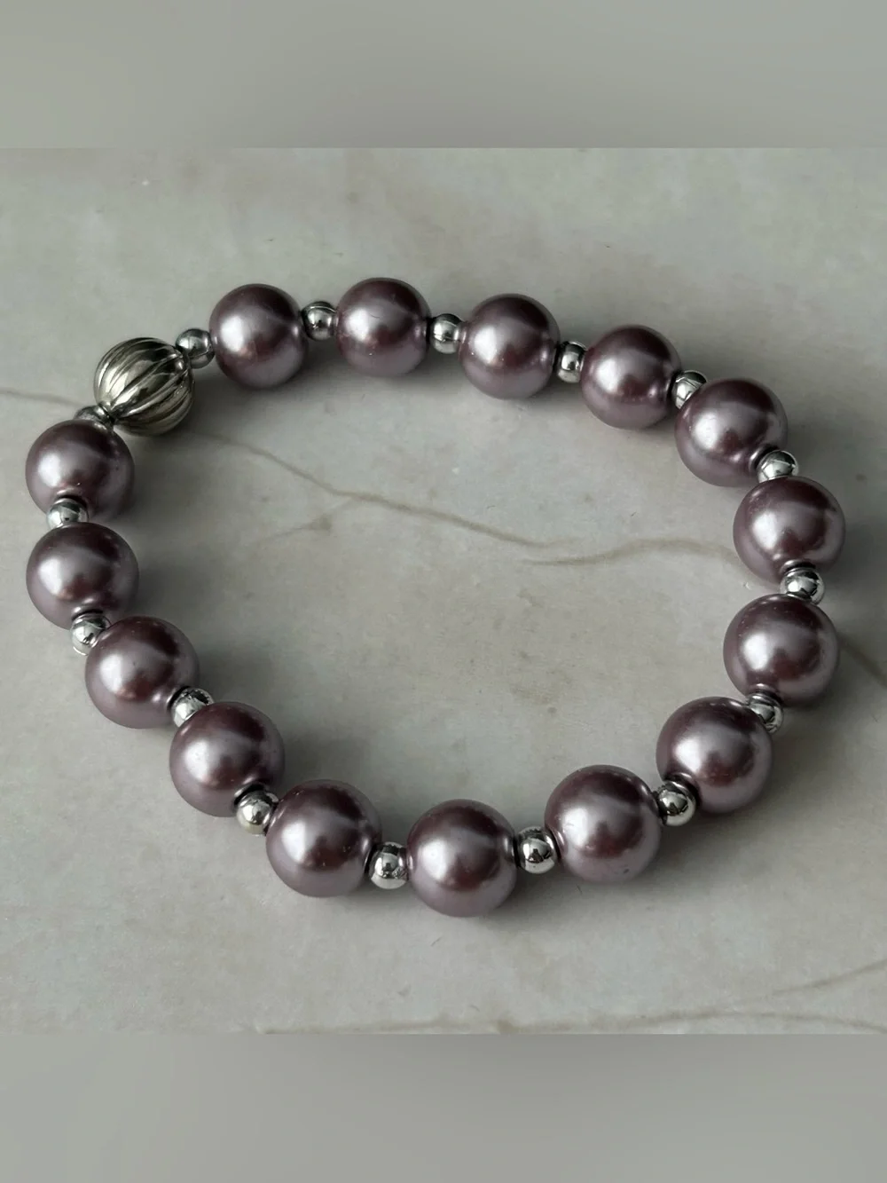 Lavender Pearl Stretch Bracelet with Silver Accents